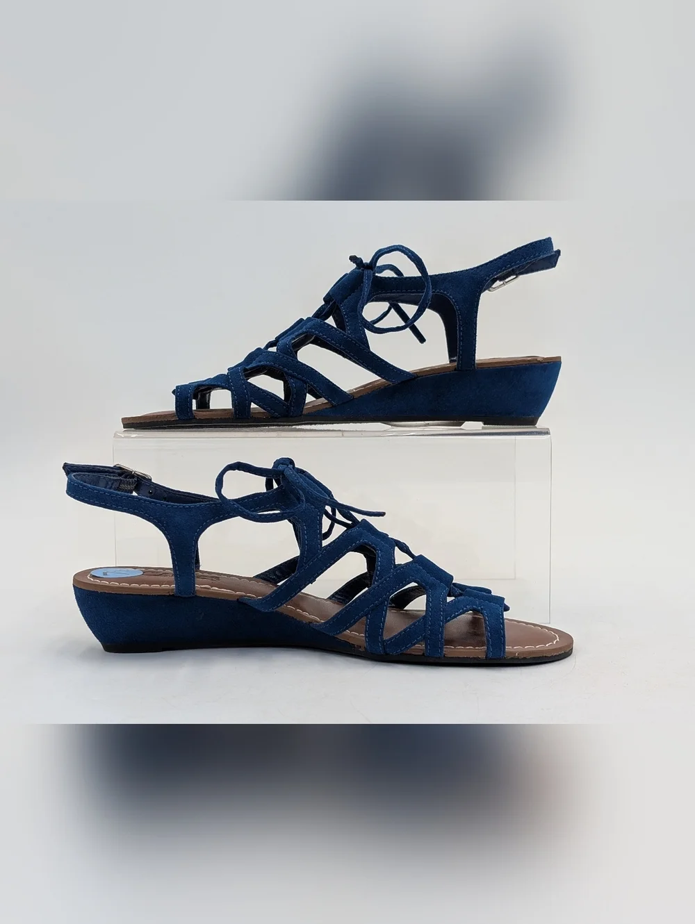 NWT Carlos Kiara2 Sz 7.5 Strappy Low-Wedge Rich Blue Fabric Upper Silver Buckles